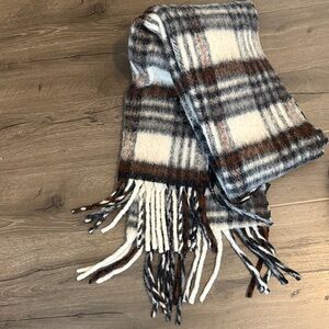 ALLSAINTS Plaid Wool Scarf in Cream, Brown & Gray